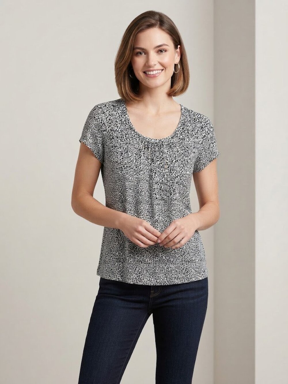 Van Heusen Ruched Scoop-Neck Animal-Print Short Sleeve Blouse